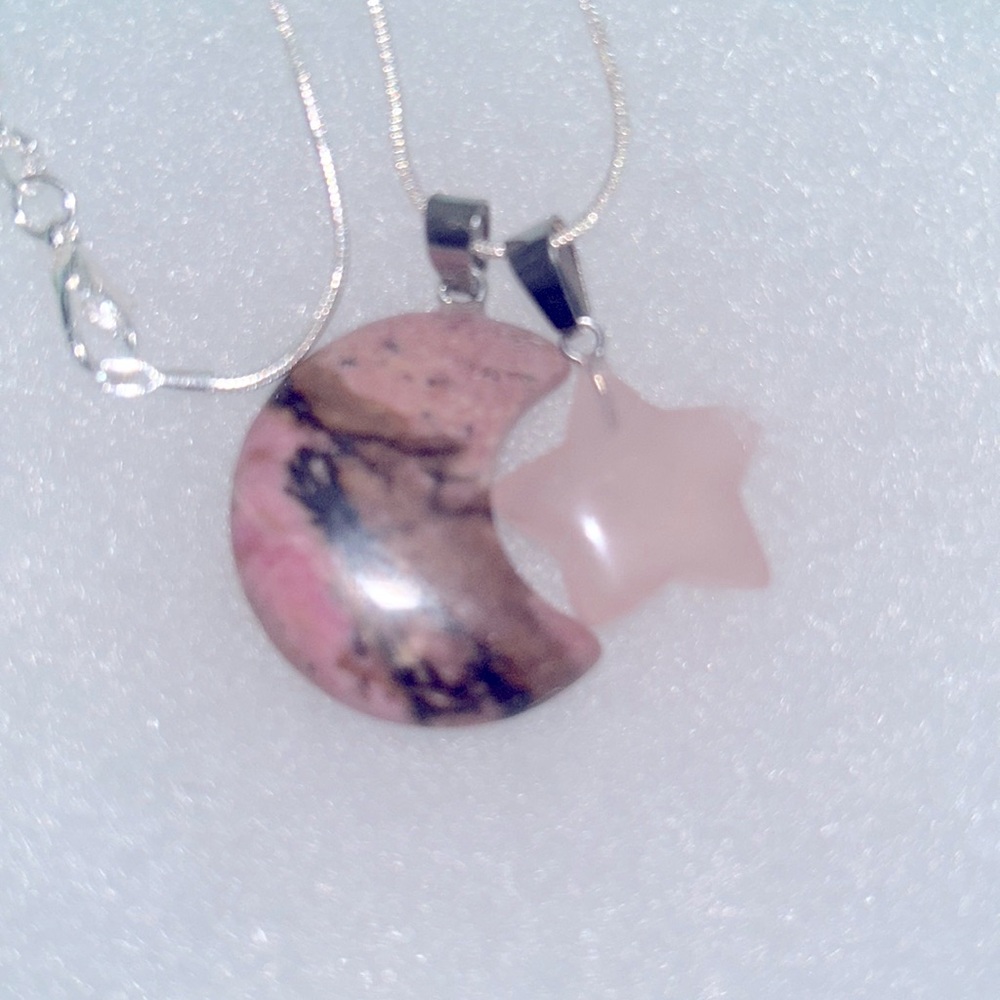 Rose Quartz Crystal Star ⭐️ and Rhodonite Moon 🌙 sterling silver neckl…